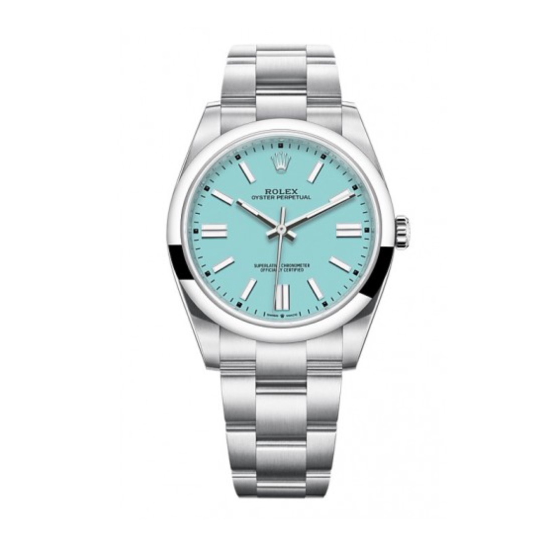 ROLEX OYSTER PERPETUAL STAINLESS STEEL TURQUOISE BLUE DIAL 41MM