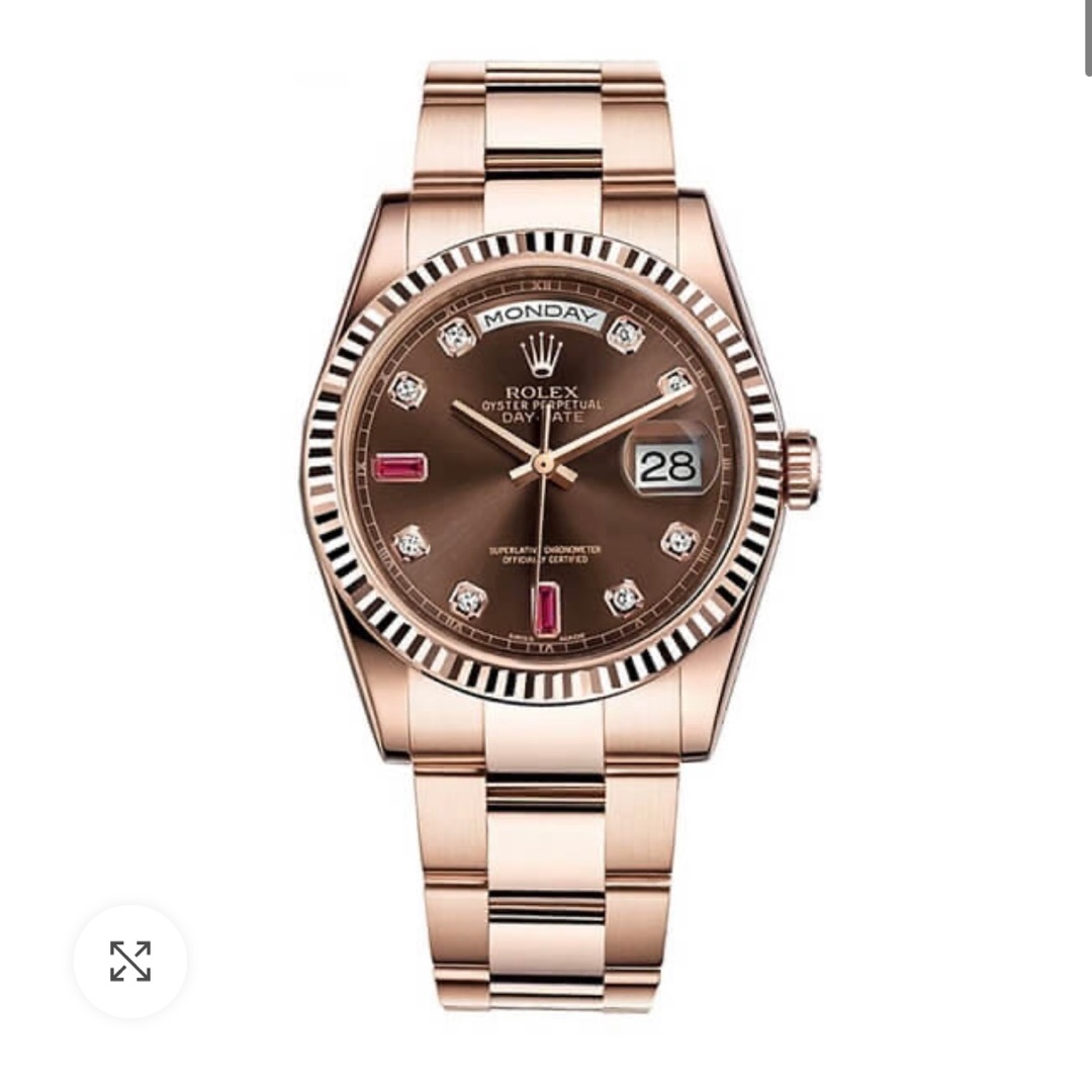 Rolex Day-Date 36 mm Chocolate Ruby Diamond Dial Rose Gold

