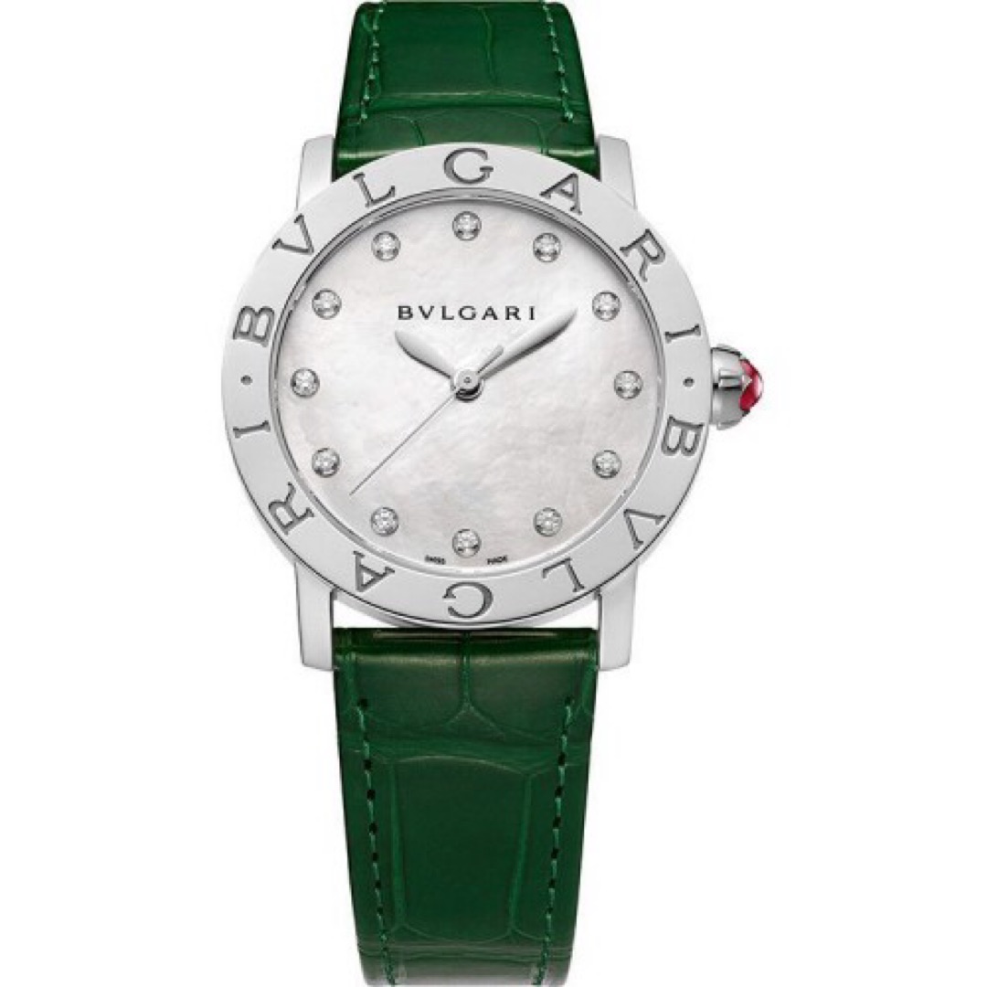 BVLGARI BVLGARI STEEL WHITE MOTHER OF PEARL DIAMONDS INDEXES GREEN ALLIGATOR STRAP 33MM - 