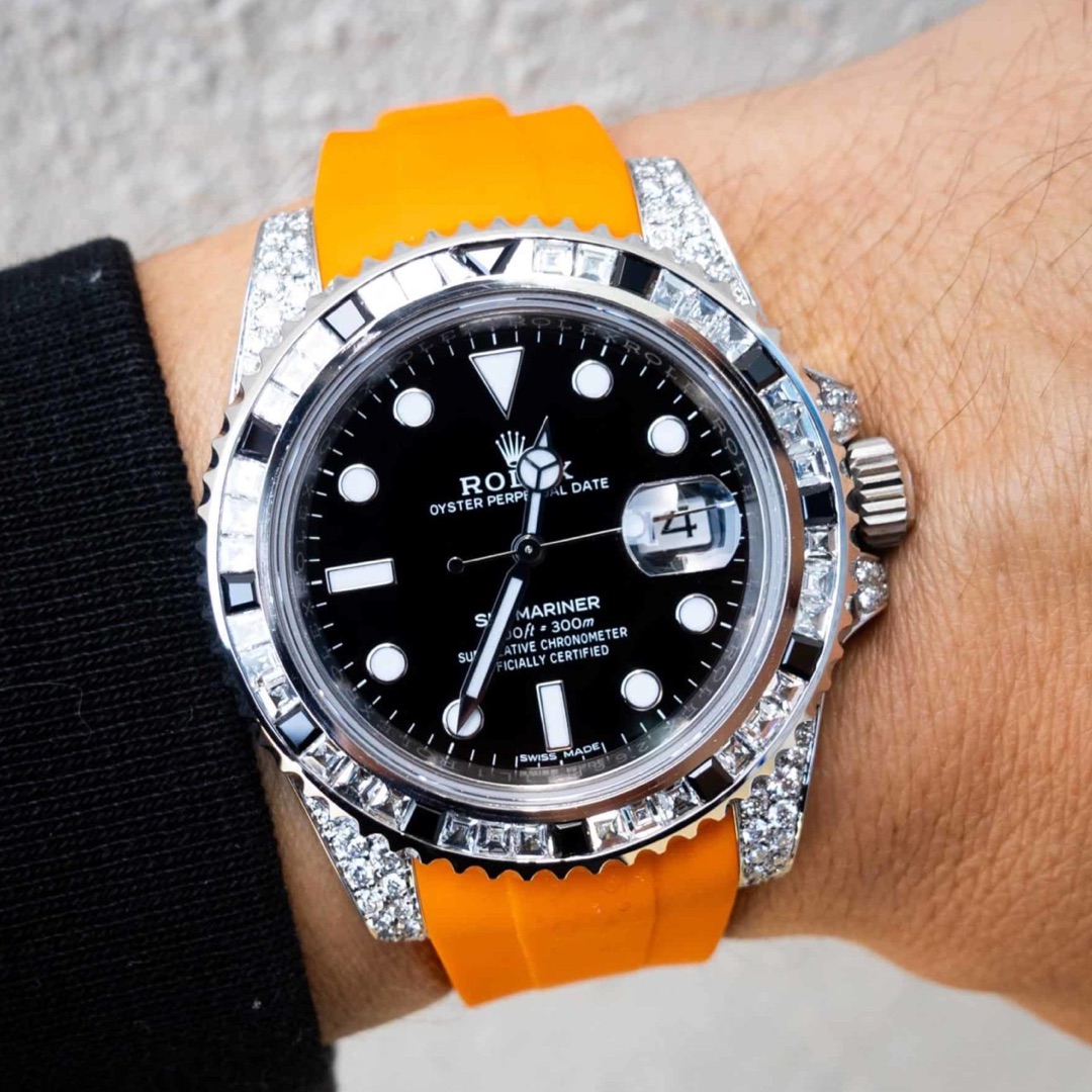 Rolex – Submariner Date – 41 mm – Oystersteel – Oyster – Custom Diamond Set – “Tuxedo” Bezel – Horus Orange